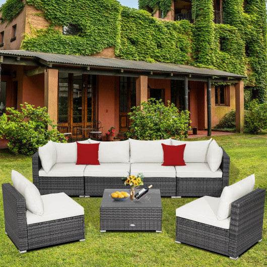 7 Pieces Patio Rattan Furniture Set Sectional Sofa Garden Cushion-White