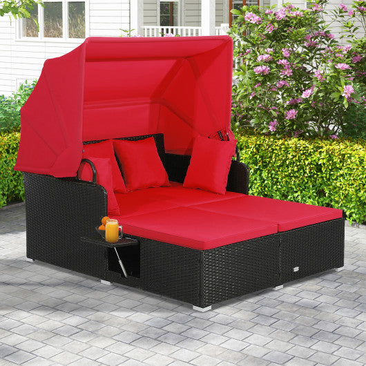 Patio Rattan Daybed with Retractable Canopy and Side Tables-Red