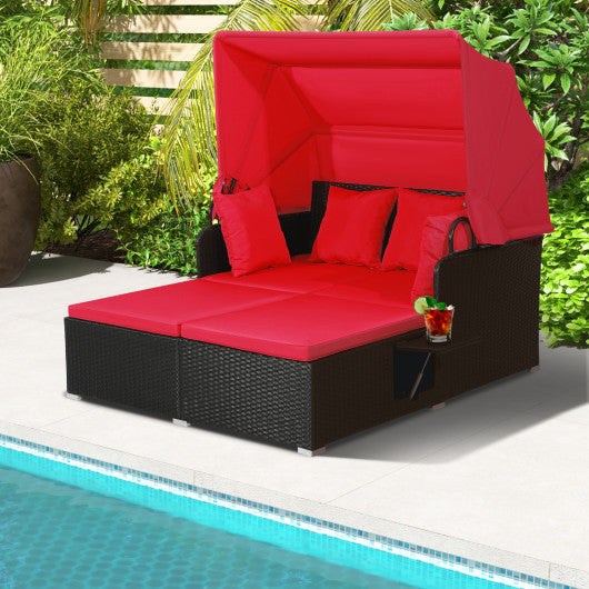 Patio Rattan Daybed with Retractable Canopy and Side Tables-Red