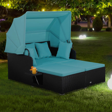 Patio Rattan Daybed with Retractable Canopy and Side Tables-Turquoise