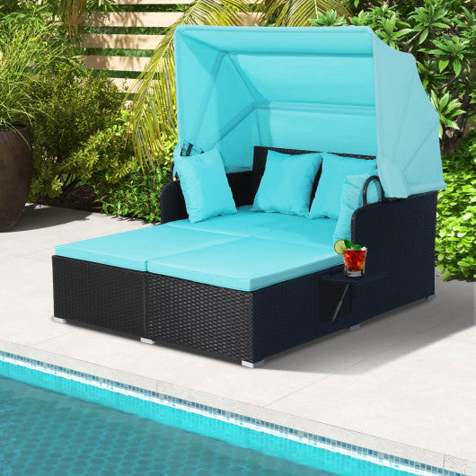 Patio Rattan Daybed with Retractable Canopy and Side Tables-Turquoise