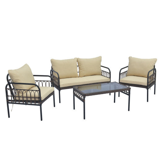 4 Pieces Outdoor Wicker Conversation Bistro Set with Soft Cushions and Tempered Glass Coffee Table-Brown