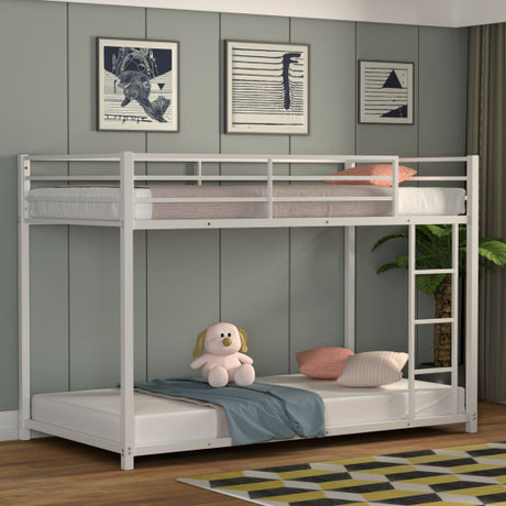 Sturdy Metal Bunk Bed Frame Twin Over Twin with Safety Guard Rails and Side Ladder-White