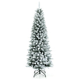 Snow-Flocked Hinged Artificial Christmas Pencil Tree with Mixed Tips-6.5 ft