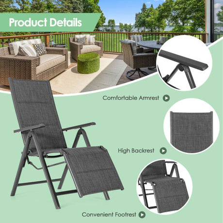 Aluminum Frame Adjustable Outdoor Foldable Reclining Padded Chair-Gray