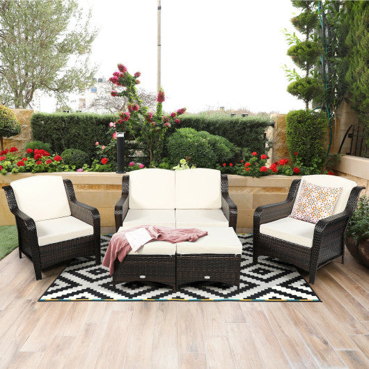 5 Pieces Patio Rattan Sofa Set with Cushion and Ottoman-Off White