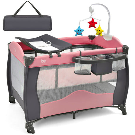 3-in-1 Baby Playard Portable Infant Nursery Center with Music Box-Pink
