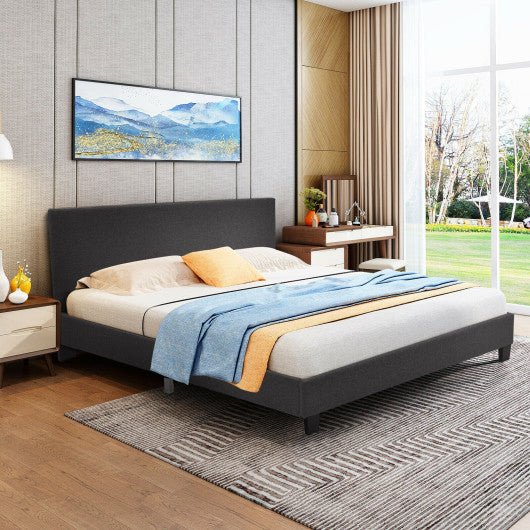 Full Upholstered Platform Bed Frame with Headboard Wood Slat-Gray