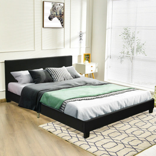 Full Upholstered Platform Bed Frame with Headboard Wood Slat-Black