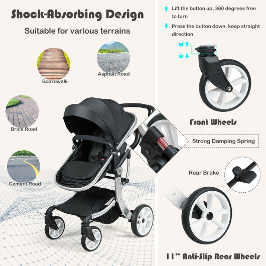 Folding Aluminum Infant Reversible Stroller with Diaper Bag-Black