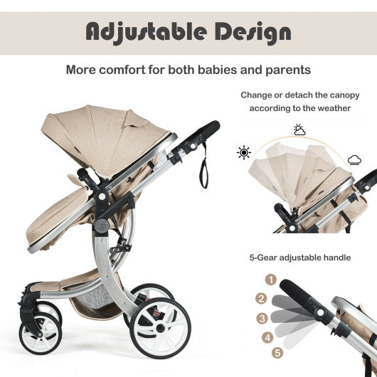 Folding Aluminum Infant Reversible Stroller with Diaper Bag-Beige