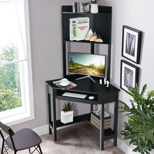 Corner Computer Desk with Hutch and Storage Shelves-Black