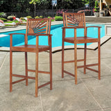 2 Pieces Outdoor Acacia Wood Bar Chairs with Sunflower Backrest and Armrests