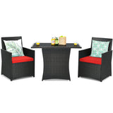 3 Pieces Patio Rattan Furniture Set with Cushion and Sofa Armrest-Red