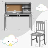 Kids Desk and Chair Set Study Writing Desk with Hutch and Bookshelves-Gray