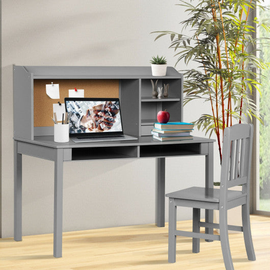 Kids Desk and Chair Set Study Writing Desk with Hutch and Bookshelves-Gray