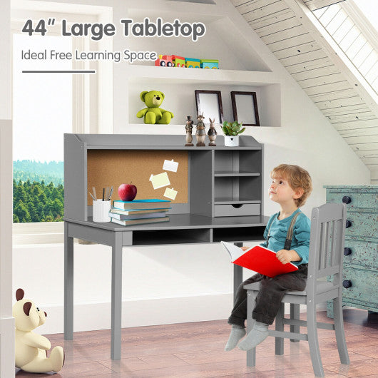 Kids Desk and Chair Set Study Writing Desk with Hutch and Bookshelves-Gray