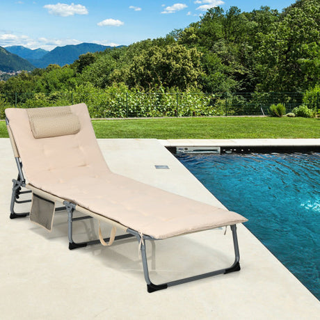 4-Fold Oversize Padded Folding Lounge Chair with Removable Soft Mattress-Beige