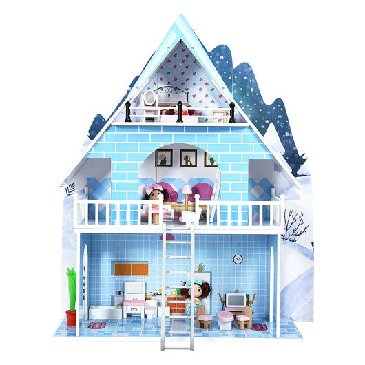 Wooden Dollhouse 3-Story Pretend Playset with Furniture and Doll Gift for Age 3+ Year