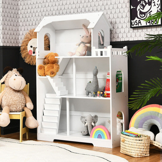Kids Wooden Dollhouse Bookshelf with Anti-Tip Design and Storage Space-White