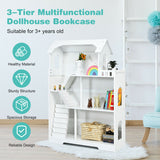Kids Wooden Dollhouse Bookshelf with Anti-Tip Design and Storage Space-White