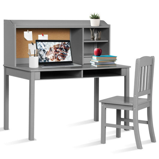 Kids Desk and Chair Set Study Writing Desk with Hutch and Bookshelves-Gray