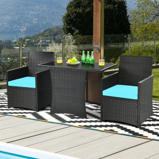 3 Pieces Patio Rattan Furniture Set with Cushion and Sofa Armrest-Turquoise