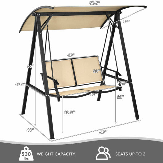 Outdoor Porch Steel Hanging 2-Seat Swing Loveseat with Canopy-Beige