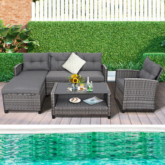 4 Pieces Patio Rattan Furniture Set with Cushion and Table Shelf-Gray