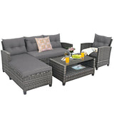 4 Pieces Patio Rattan Furniture Set with Cushion and Table Shelf-Gray