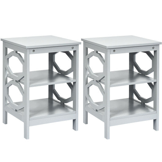 2 Pieces 3-tier Nightstand Sofa Side End Accent Table Storage Display Shelf-Gray