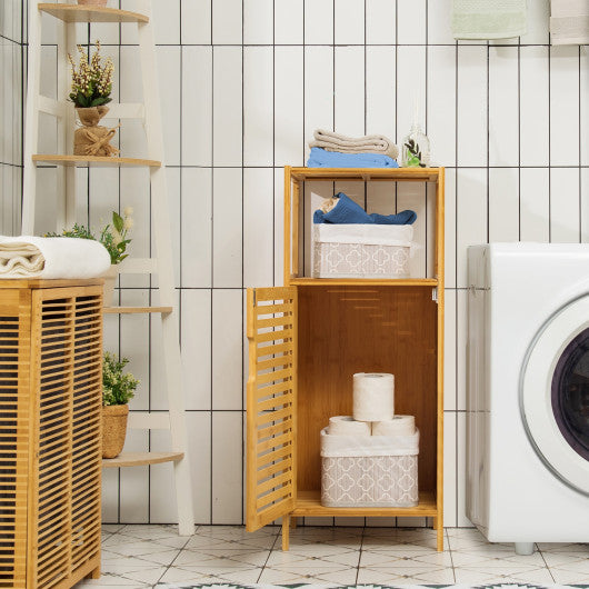 Bamboo Bathroom Storage Floor Cabinet with Door and Shelf Corner Cabinet