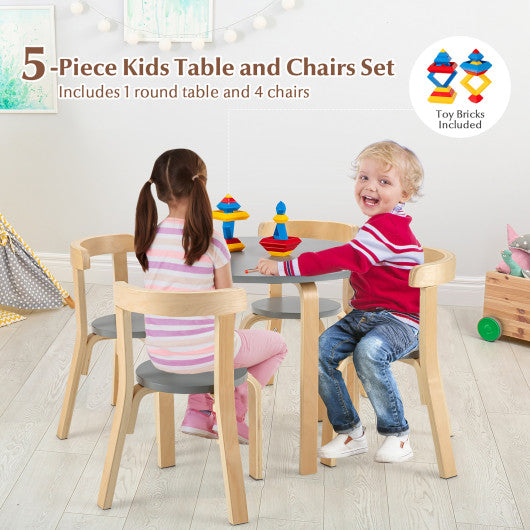 5-Piece Kids Wooden Curved Back Activity Table and Chair Set with Toy Bricks Grey