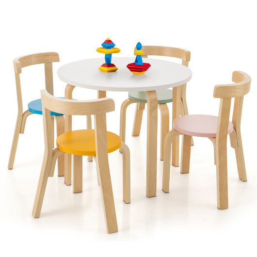 5-Piece Kids Wooden Curved Back Activity Table and Chair Set withToy Bricks