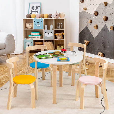 5-Piece Kids Wooden Curved Back Activity Table and Chair Set withToy Bricks