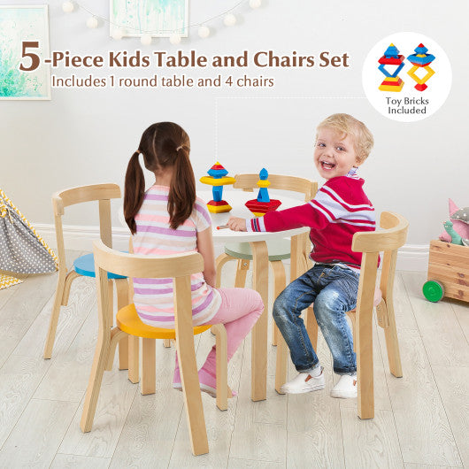 5-Piece Kids Wooden Curved Back Activity Table and Chair Set withToy Bricks