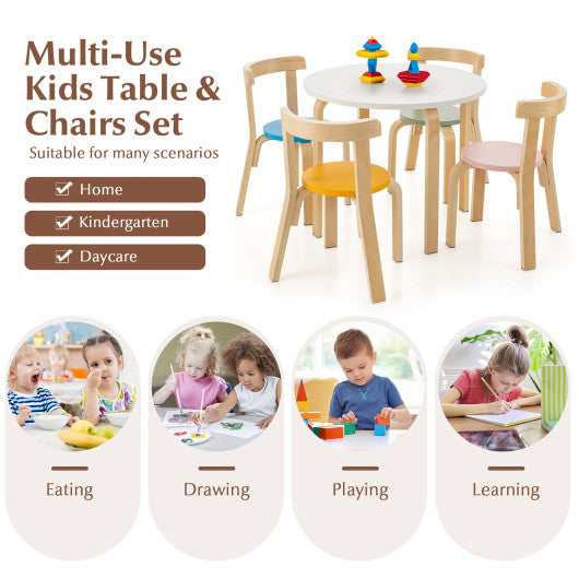 5-Piece Kids Wooden Curved Back Activity Table and Chair Set withToy Bricks