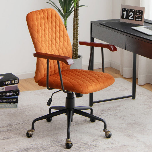 Velvet Home Office Chair with Wooden Armrest Orange