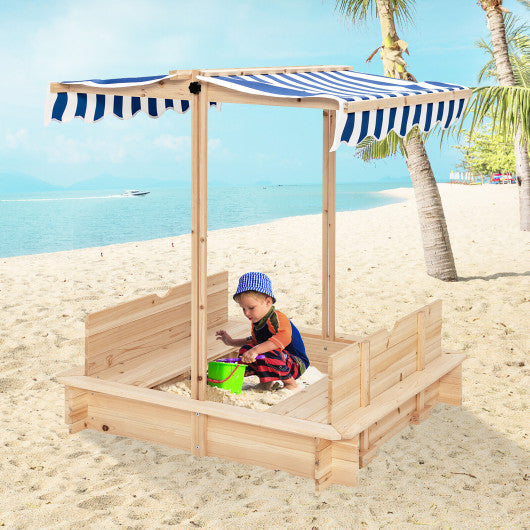 Kids Wooden Sandbox with Canopy and Bench Seats