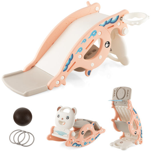 4-in-1 Kids Slide Rocking Horse with Basketball and Ring Toss-Pink