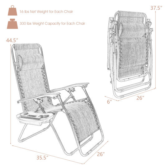 2 Pieces Folding Recliner Zero Gravity Lounge Chair - Beige