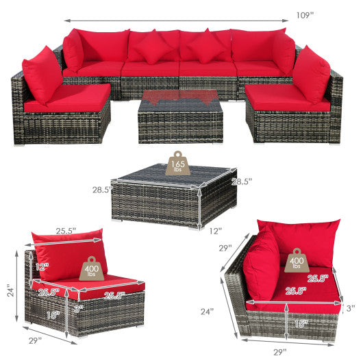 7 Pieces Patio Rattan Furniture Set Sectional Sofa Garden Cushion-Red