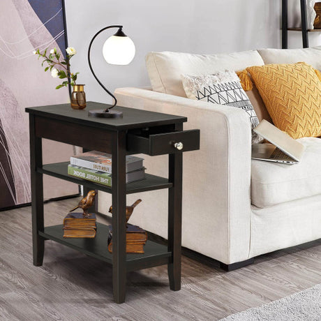 Side End Table with Drawer and 2-Tier Open Storage Shelves for Space Saving-Brown