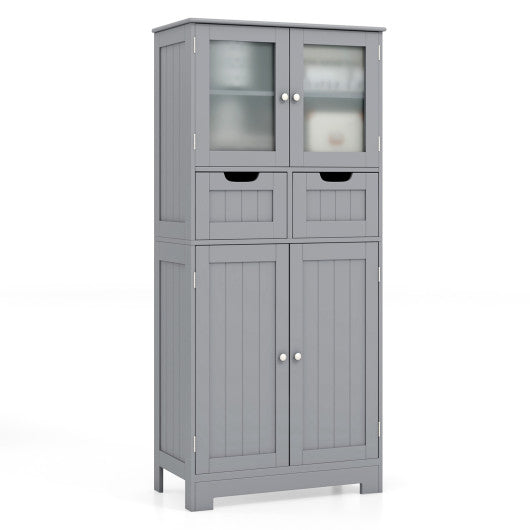 4 Door Freee-Standing Bathroom Cabinet with 2 Drawers and Glass Doors-Gray