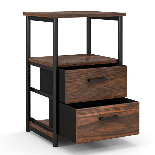 3-Tier Retro Nightstand with 2 Removable Fabric Drawers and Open Shelf-Walnut