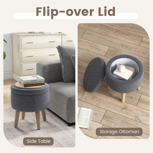 Round Storage Ottoman with Rubber Wood Legs and Adjustable Foot Pads-Gray