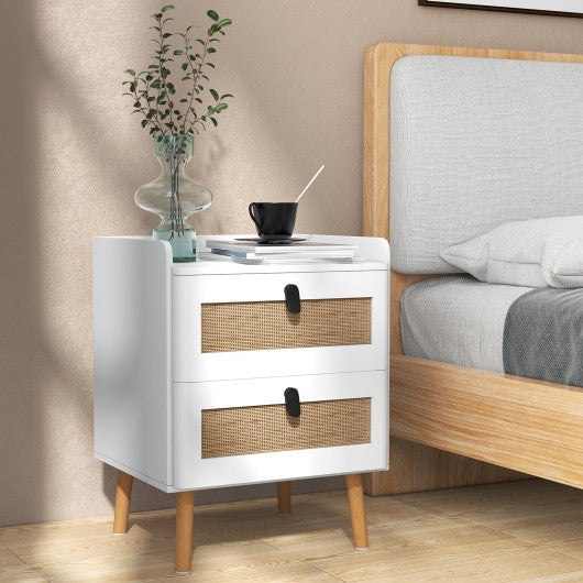 Modern End Table Bedside Table with 2 Rattan Decorated Drawers-White