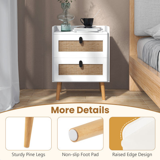 Modern End Table Bedside Table with 2 Rattan Decorated Drawers-White