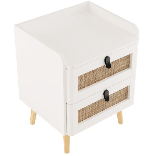 Modern End Table Bedside Table with 2 Rattan Decorated Drawers-White