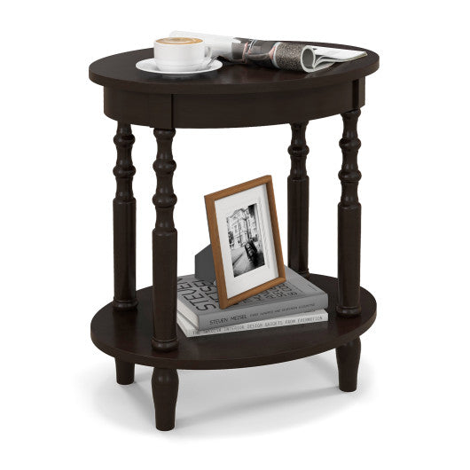 2-Tier Oval Side Table with Storage Shelf and Solid Wood Legs-Espresso